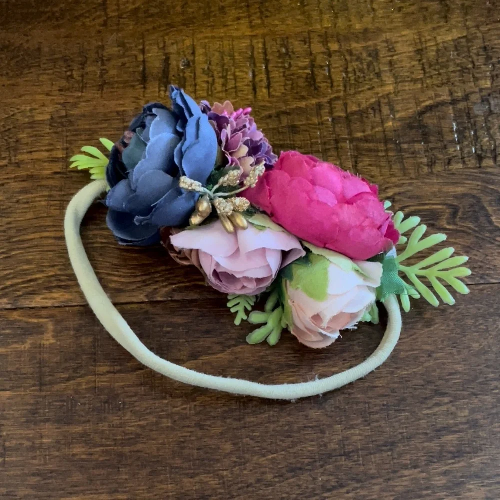 Floral headband w/ flowers magenta pink gold blue purple lavender green lilac